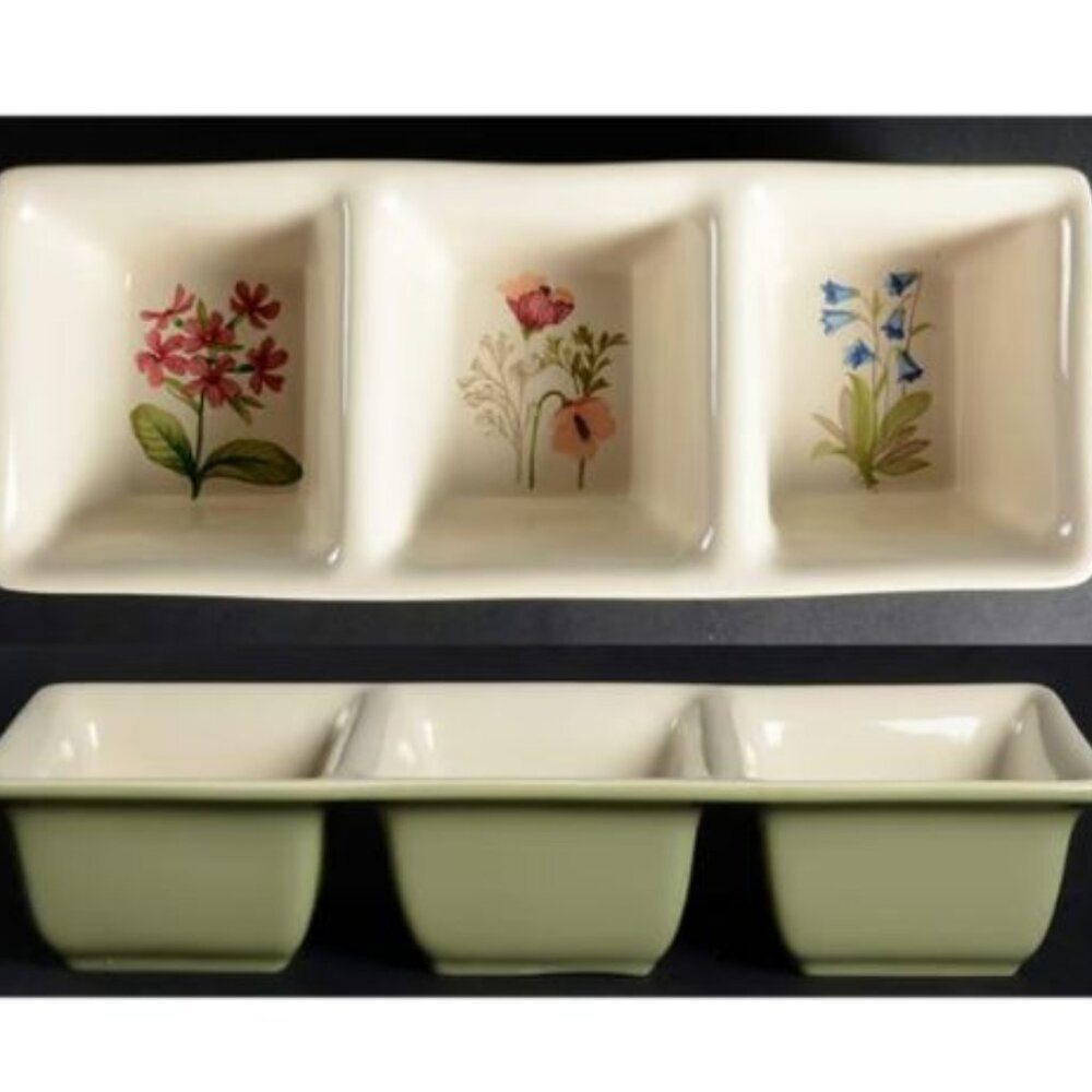 Longaberger Botanical Fields 3-way divided pottery dish